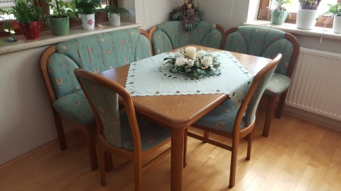 Esstisch, Sessel, Holz, Bank, Holz, braun, Stoff, 